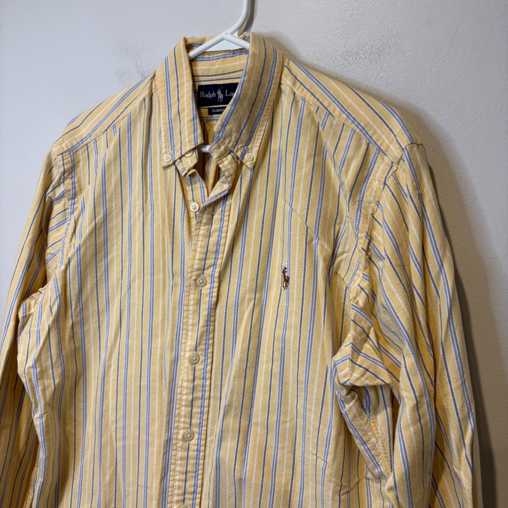 Ralph Lauren Classic Fit Yellow Blue‎ Stripe Button Down Shirt Men Large - Picture 2 of 6